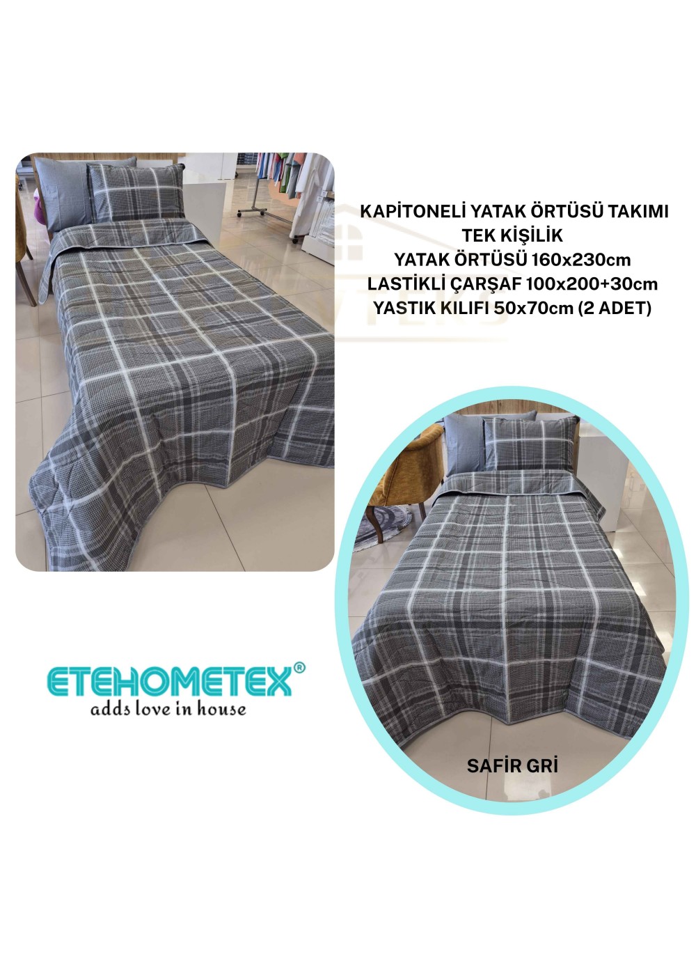 ETEHOMETEX Pamuklu Kapitoneli Yatak Örtüsü TAKIMI TEK KİŞİLİK SAFİR GRİ 8696474232126